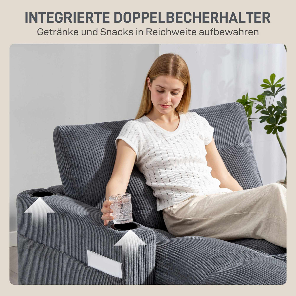 Sofa Bed with Cup Holders, Deep Seat, Dark Grey Cord