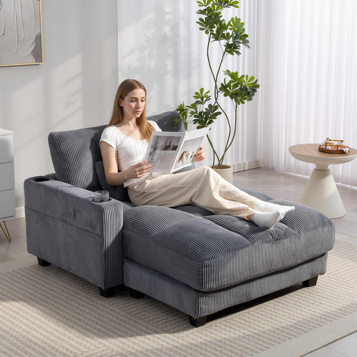 Sofa Bed with Cup Holders, Deep Seat, Dark Grey Cord