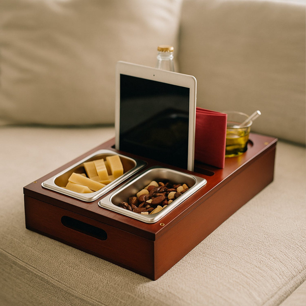 Sofa Snack Tray with Coasters and Drink Holders