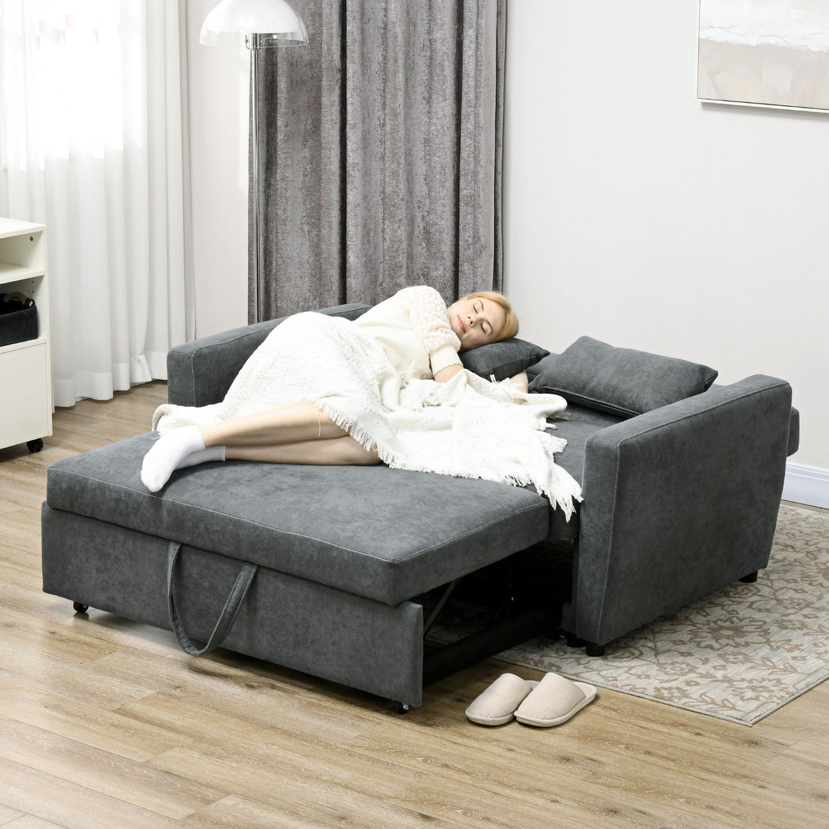 Sofa bed, 2-seater sofa with bed function, adjustable backrest, upholstered sofa with throw pillows, velvet look