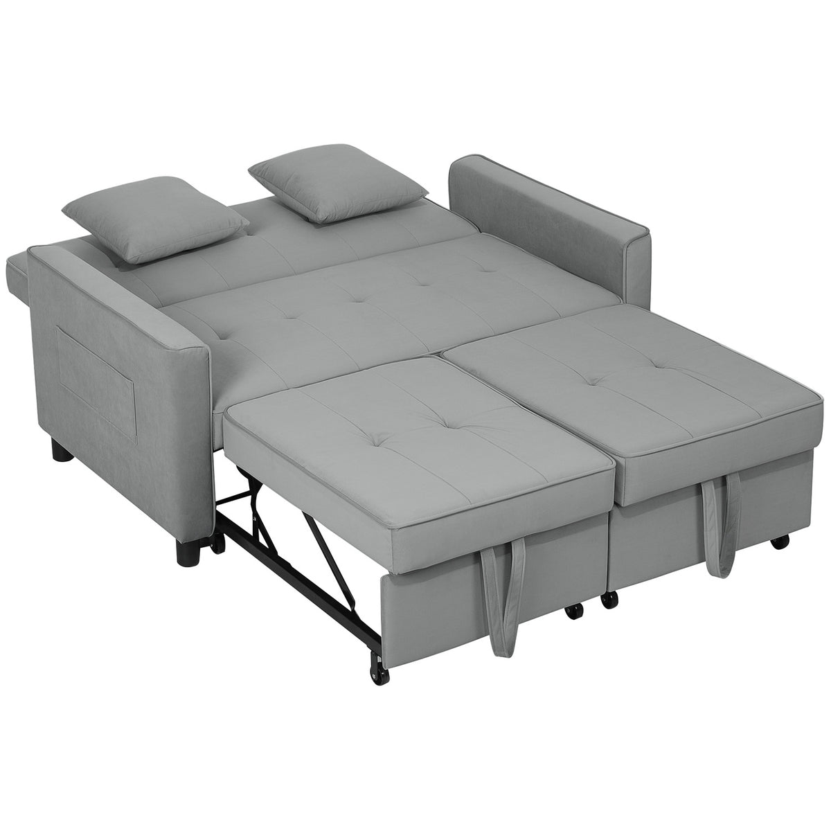 Sofa bed, 2-seater sofa with sleep function, adjustable backrest, couch with cushions, velvet look, L-shaped sofa bed with bed box, castors for living room, guest room, gray |