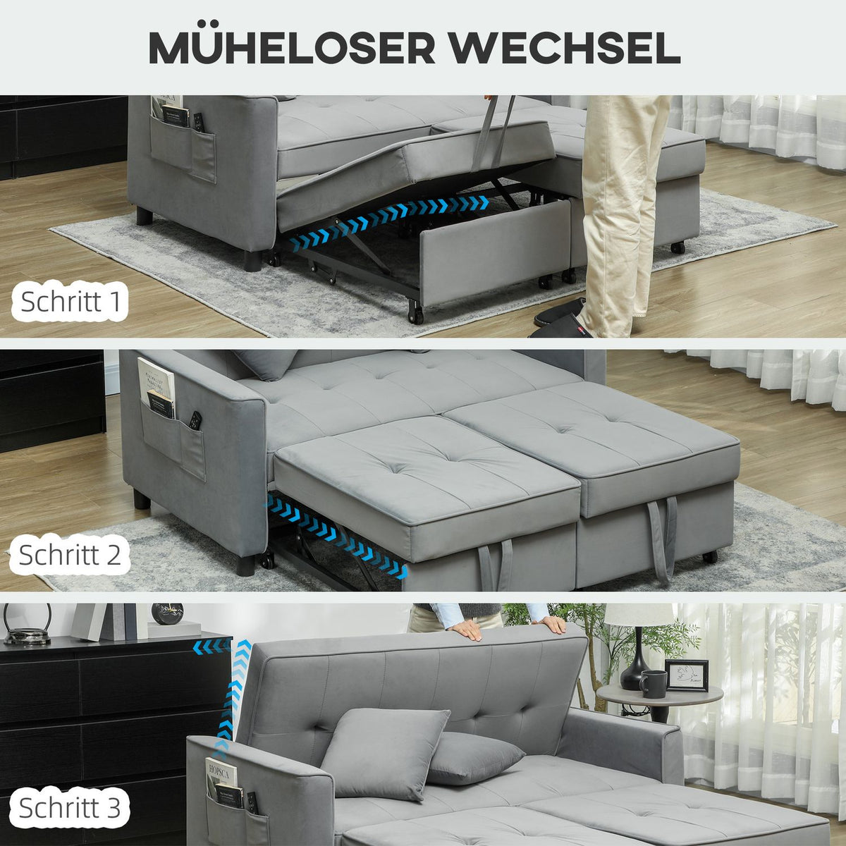 Sofa bed, 2-seater sofa with sleep function, adjustable backrest, couch with cushions, velvet look, L-shaped sofa bed with bed box, castors for living room, guest room, gray |