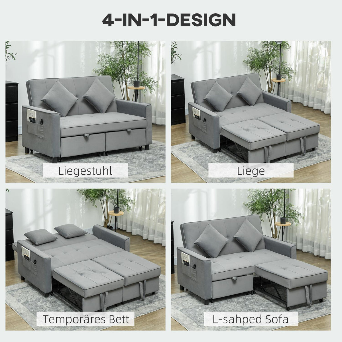 Sofa bed, 2-seater sofa with sleep function, adjustable backrest, couch with cushions, velvet look, L-shaped sofa bed with bed box, castors for living room, guest room, gray |