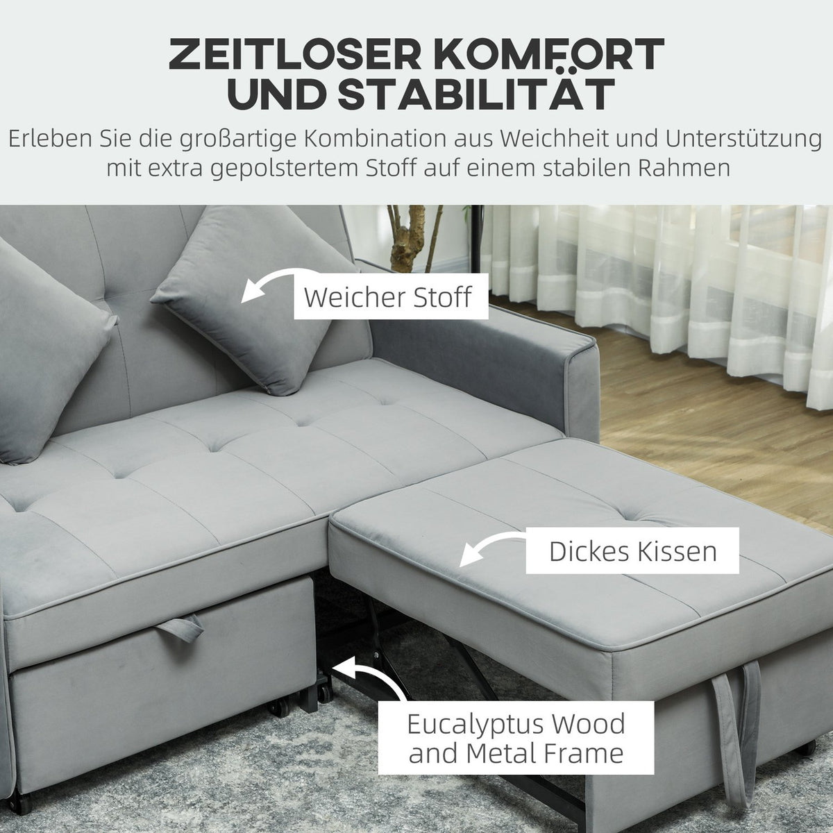 Sofa bed, 2-seater sofa with sleep function, adjustable backrest, couch with cushions, velvet look, L-shaped sofa bed with bed box, castors for living room, guest room, gray |