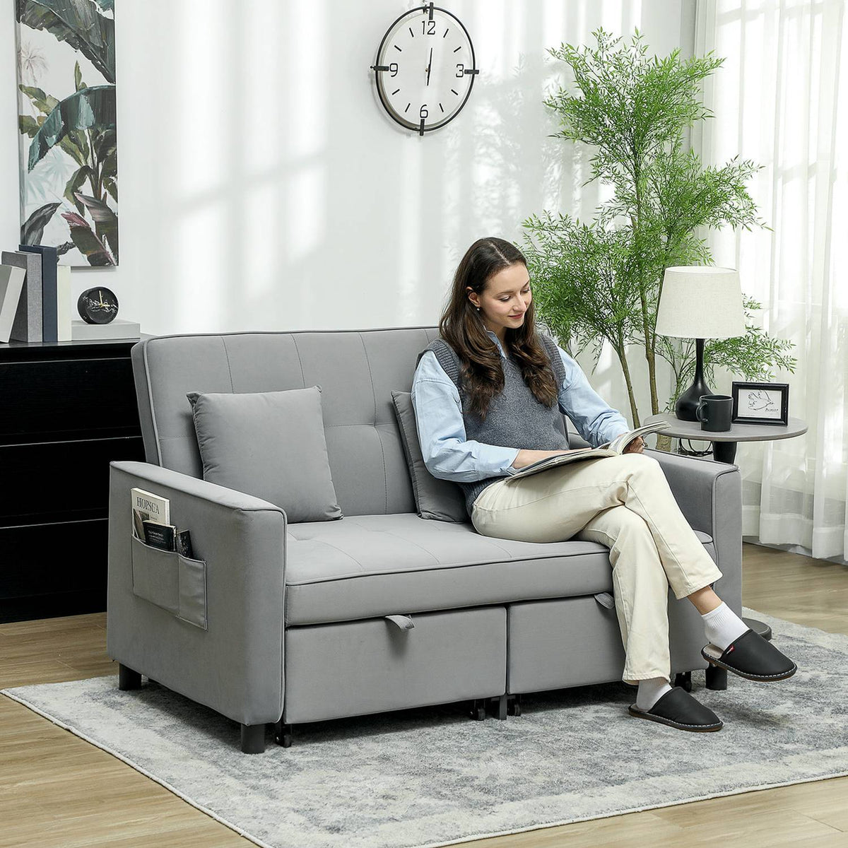 Sofa bed, 2-seater sofa with sleep function, adjustable backrest, couch with cushions, velvet look, L-shaped sofa bed with bed box, castors for living room, guest room, gray |