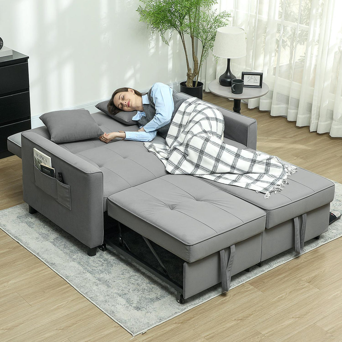 Sofa bed, 2-seater sofa with sleep function, adjustable backrest, couch with cushions, velvet look, L-shaped sofa bed with bed box, castors for living room, guest room, gray |