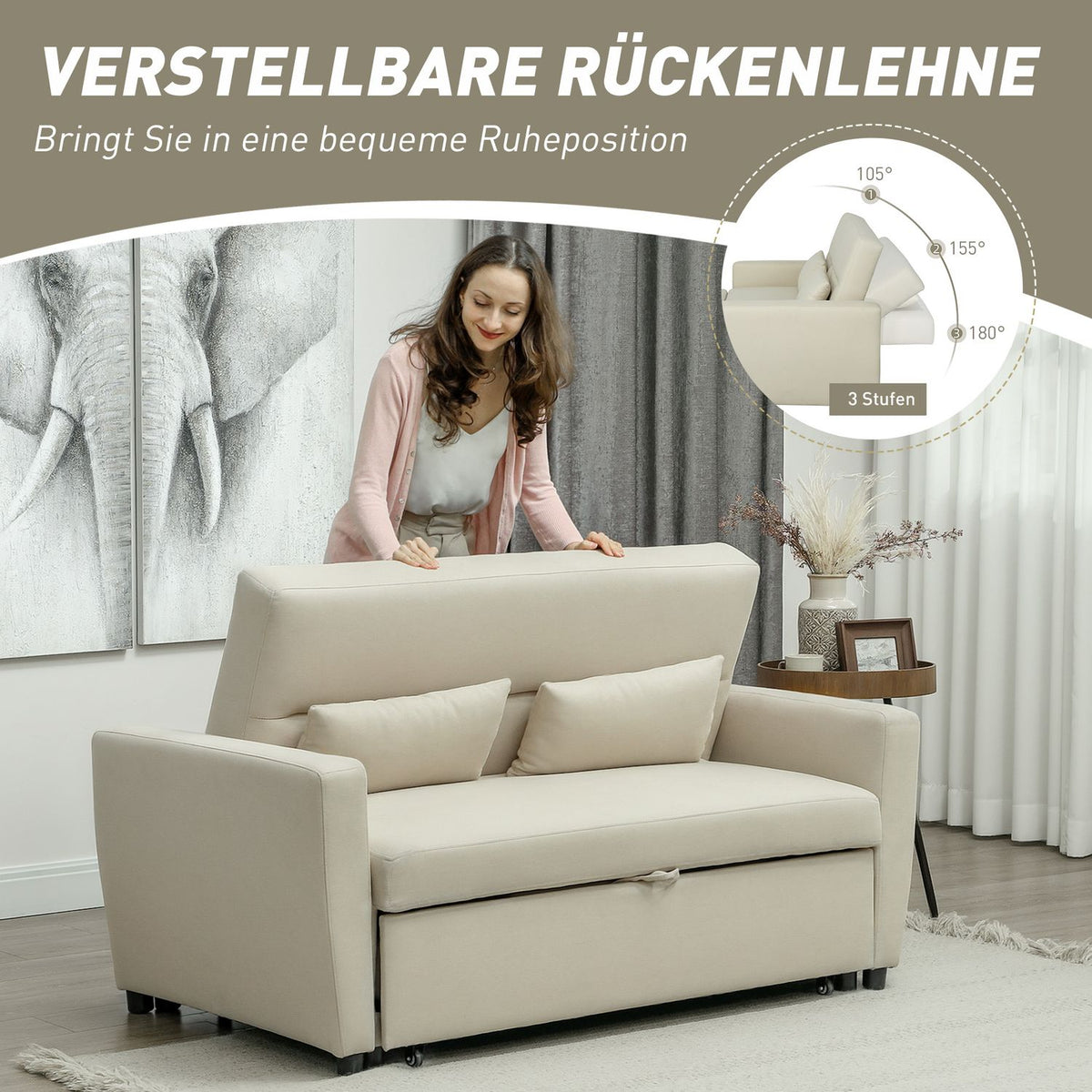Sofa bed, 2-seater sofa with sleep function, adjustable backrest, couch with cushions, velvet look, sofa bed with bed box for living room, guest room, beige