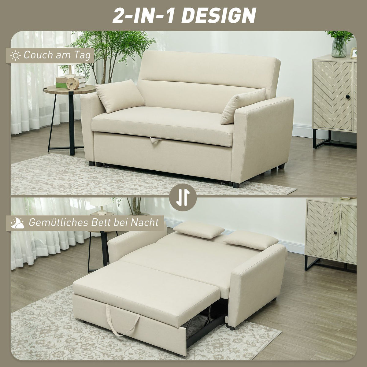 Sofa bed, 2-seater sofa with sleep function, adjustable backrest, couch with cushions, velvet look, sofa bed with bed box for living room, guest room, beige