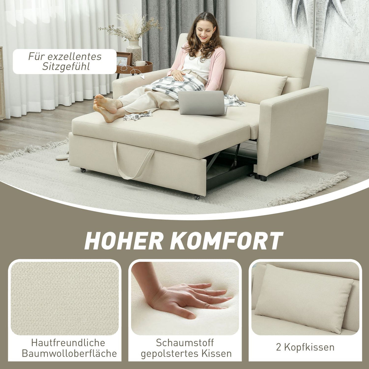 Sofa bed, 2-seater sofa with sleep function, adjustable backrest, couch with cushions, velvet look, sofa bed with bed box for living room, guest room, beige