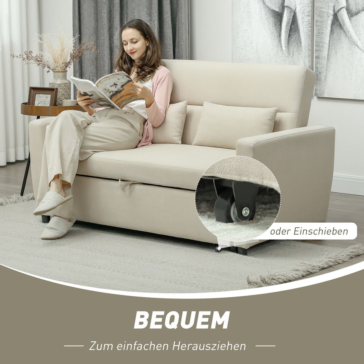 Sofa bed, 2-seater sofa with sleep function, adjustable backrest, couch with cushions, velvet look, sofa bed with bed box for living room, guest room, beige