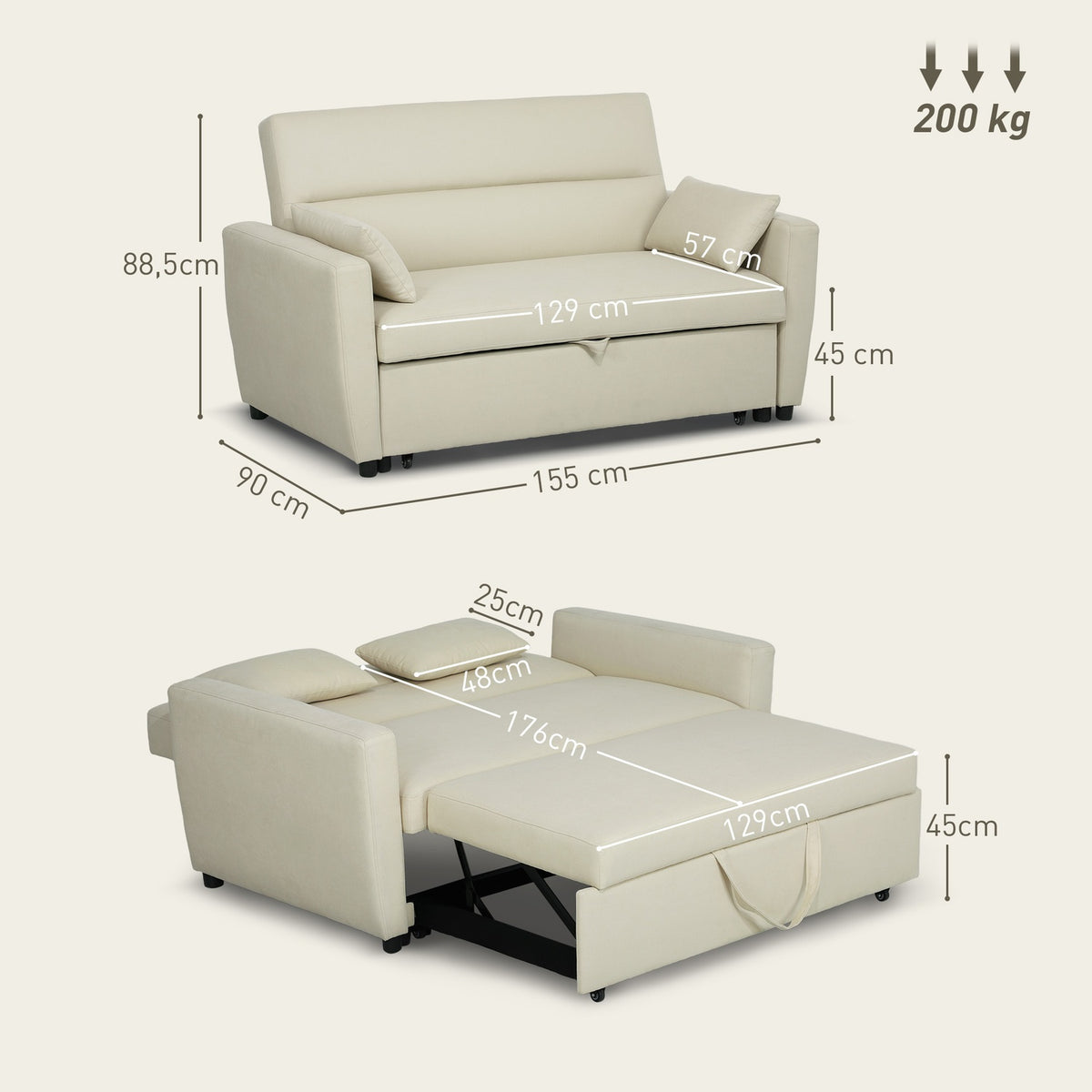 Sofa bed, 2-seater sofa with sleep function, adjustable backrest, couch with cushions, velvet look, sofa bed with bed box for living room, guest room, beige