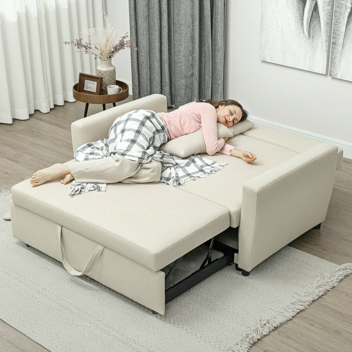 Sofa bed, 2-seater sofa with sleep function, adjustable backrest, couch with cushions, velvet look, sofa bed with bed box for living room, guest room, beige