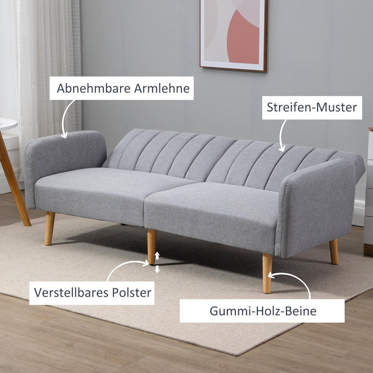 Sofa bed, 2-seater sofa with sleep function, adjustable backrest, thickly padded couch, armrest, sofa bed with wooden legs for living room, guest room, 173 x 75 x 73 cm, gray