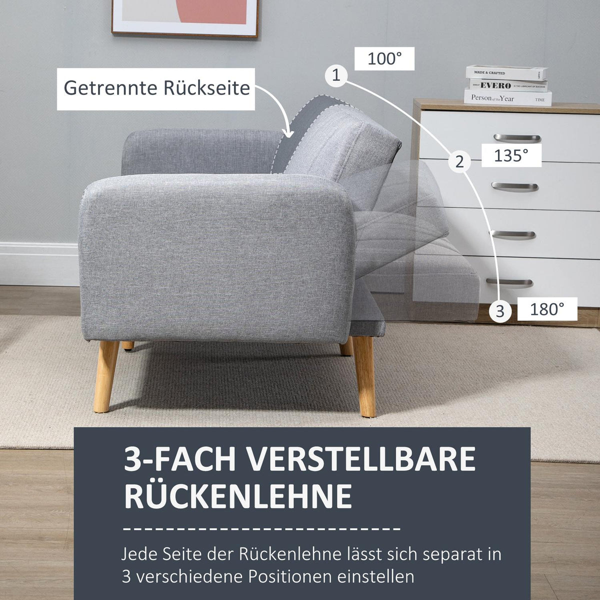 Sofa bed, 2-seater sofa with sleep function, adjustable backrest, thickly padded couch, armrest, sofa bed with wooden legs for living room, guest room, 173 x 75 x 73 cm, gray