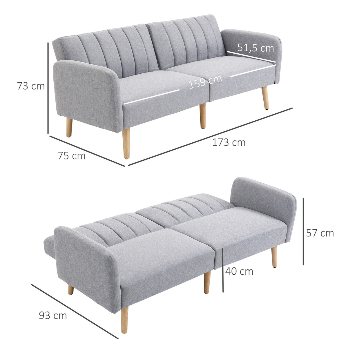 Sofa bed, 2-seater sofa with sleep function, adjustable backrest, thickly padded couch, armrest, sofa bed with wooden legs for living room, guest room, 173 x 75 x 73 cm, gray