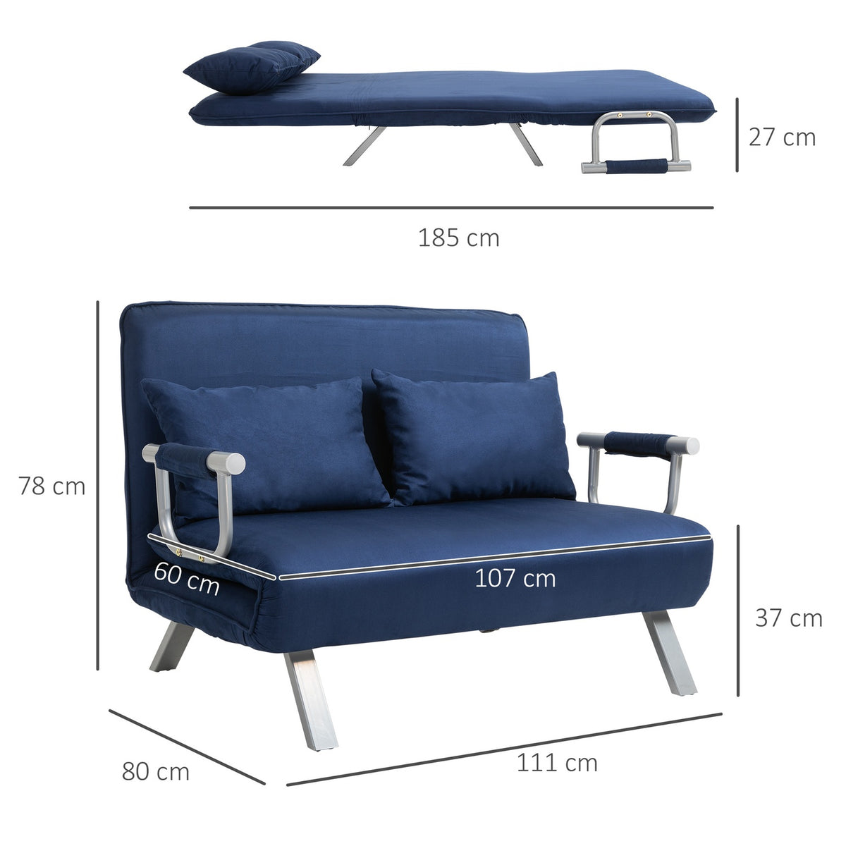 Sofa bed, 2-seater sofa with sleeping function and adjustable backrest, couch with throw pillows in velvet look, upholstered sofa for living room and bedroom, blue
