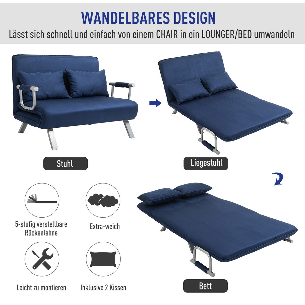 Sofa bed, 2-seater sofa with sleeping function and adjustable backrest, couch with throw pillows in velvet look, upholstered sofa for living room and bedroom, blue