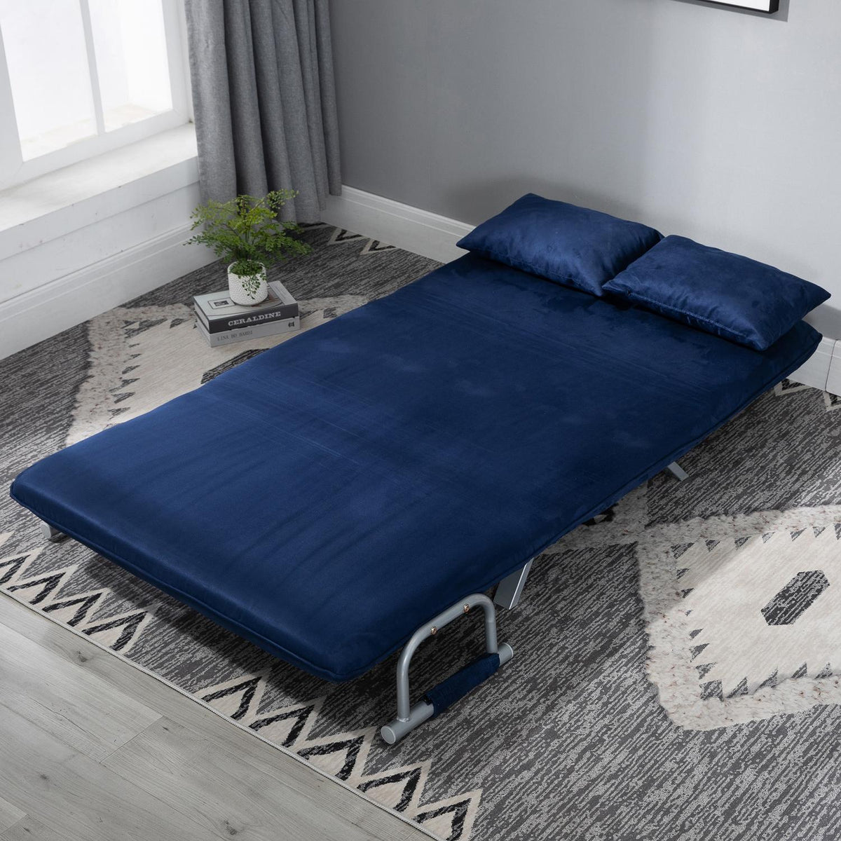 Sofa bed, 2-seater sofa with sleeping function and adjustable backrest, couch with throw pillows in velvet look, upholstered sofa for living room and bedroom, blue