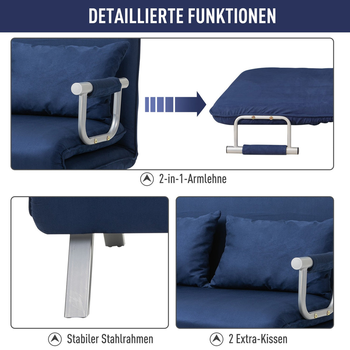 Sofa bed, 2-seater sofa with sleeping function and adjustable backrest, couch with throw pillows in velvet look, upholstered sofa for living room and bedroom, blue