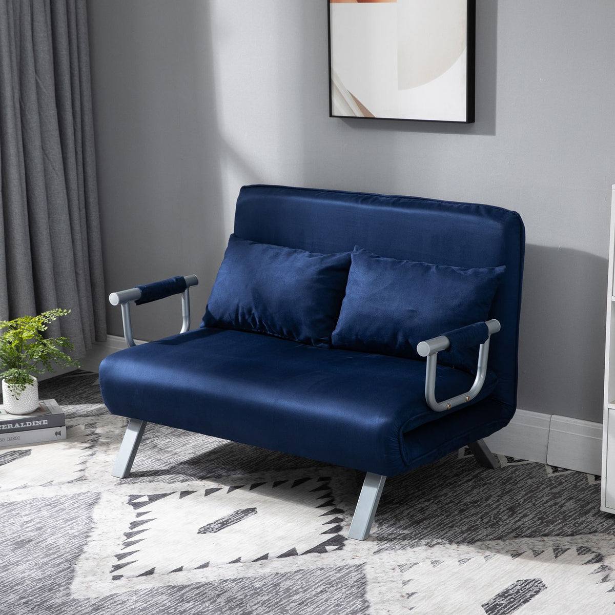Sofa bed, 2-seater sofa with sleeping function and adjustable backrest, couch with throw pillows in velvet look, upholstered sofa for living room and bedroom, blue