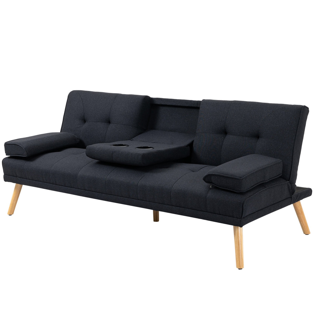 Sofa bed, 3-seater sofa bed with folding table, cup holder, bed sofa with linen look, in Scandi design, load capacity up to 250 kg, for living room, gray