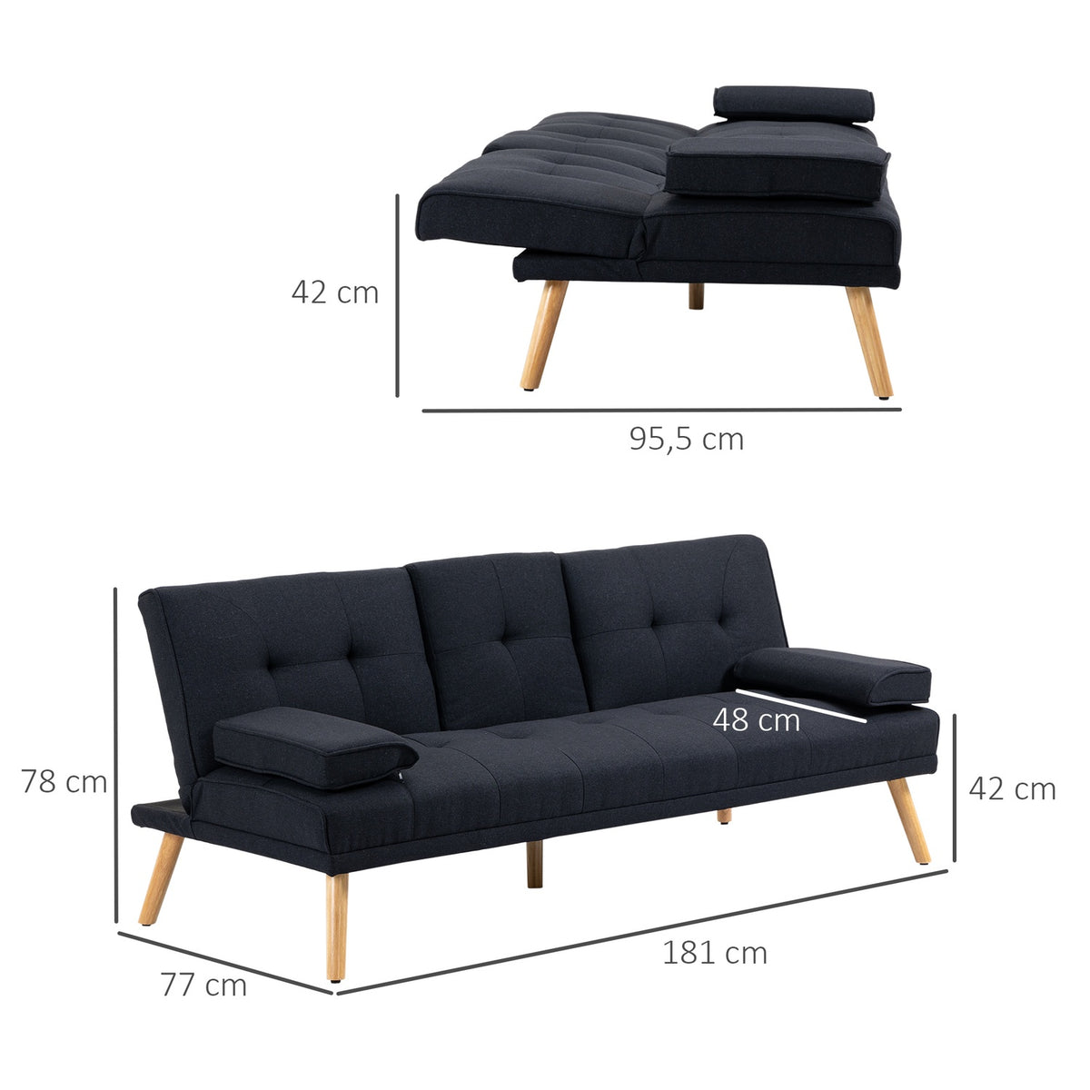 Sofa bed, 3-seater sofa bed with folding table, cup holder, bed sofa with linen look, in Scandi design, load capacity up to 250 kg, for living room, gray
