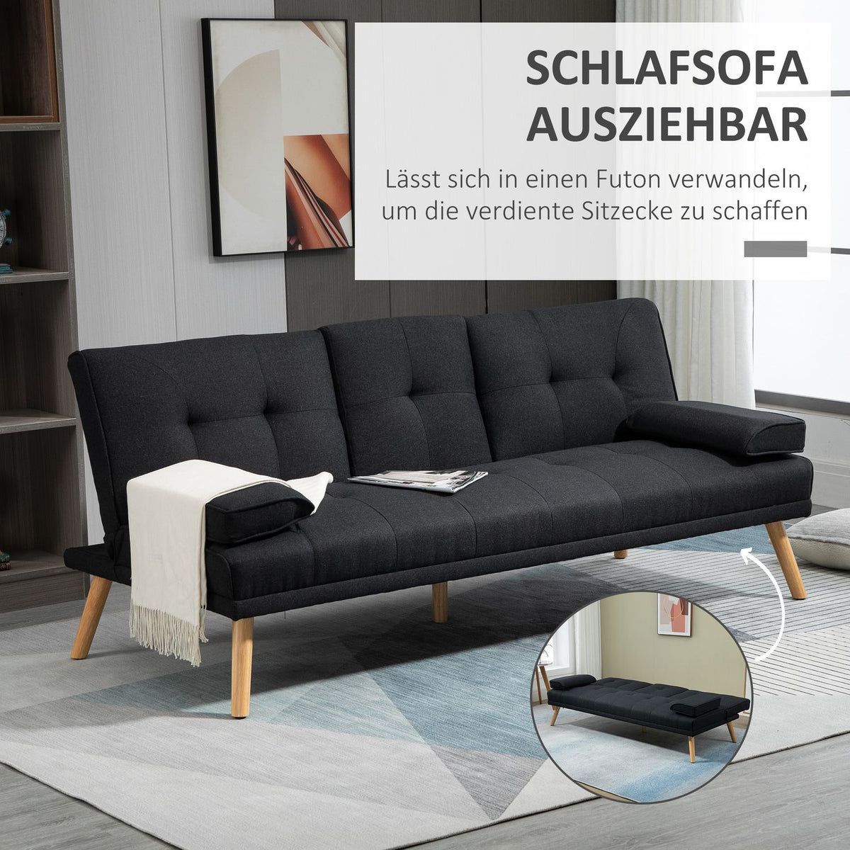 Sofa bed, 3-seater sofa bed with folding table, cup holder, bed sofa with linen look, in Scandi design, load capacity up to 250 kg, for living room, gray