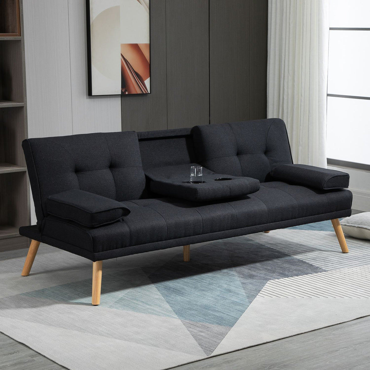 Sofa bed, 3-seater sofa bed with folding table, cup holder, bed sofa with linen look, in Scandi design, load capacity up to 250 kg, for living room, gray