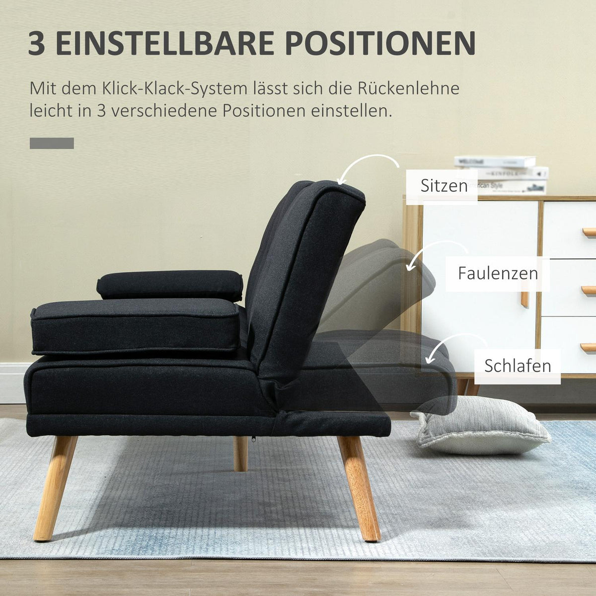 Sofa bed, 3-seater sofa bed with folding table, cup holder, bed sofa with linen look, in Scandi design, load capacity up to 250 kg, for living room, gray