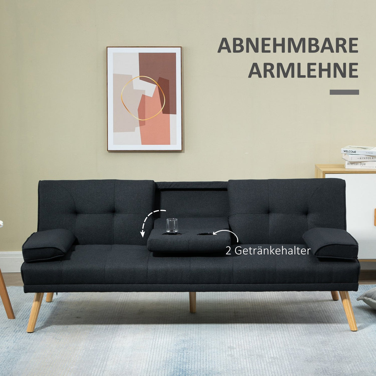 Sofa bed, 3-seater sofa bed with folding table, cup holder, bed sofa with linen look, in Scandi design, load capacity up to 250 kg, for living room, gray