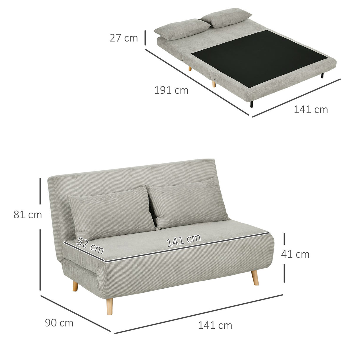 Sofa bed, folding bed with bed function, back cushion, upholstered sofa with adjustable backrest, velvet look, 141 x 90 x 81 cm, gray