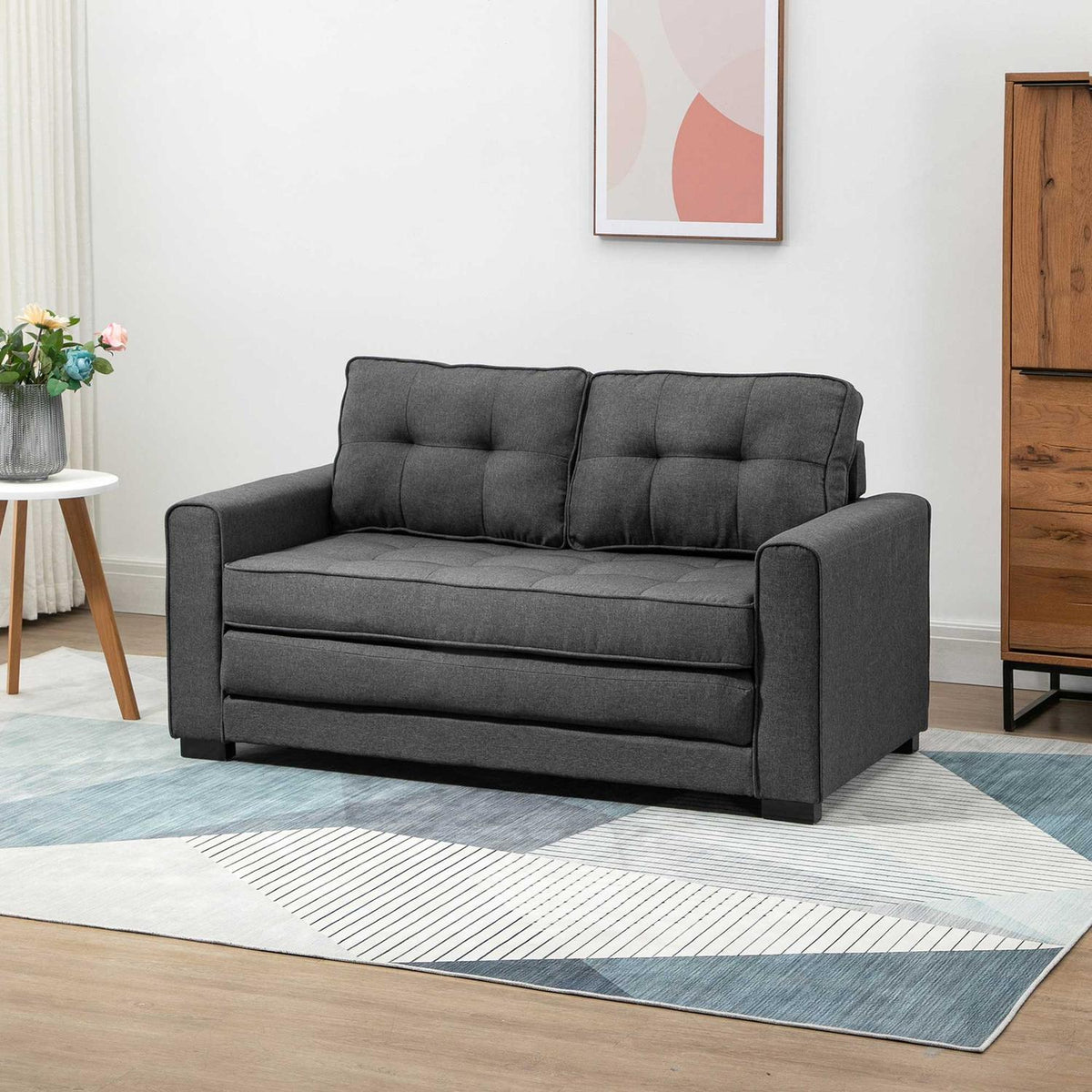 Sofa bed, folding sofa, 2-seater, sofa bed with sleep function, linen touch, rubber wood, gray, 147.5x75x85cm