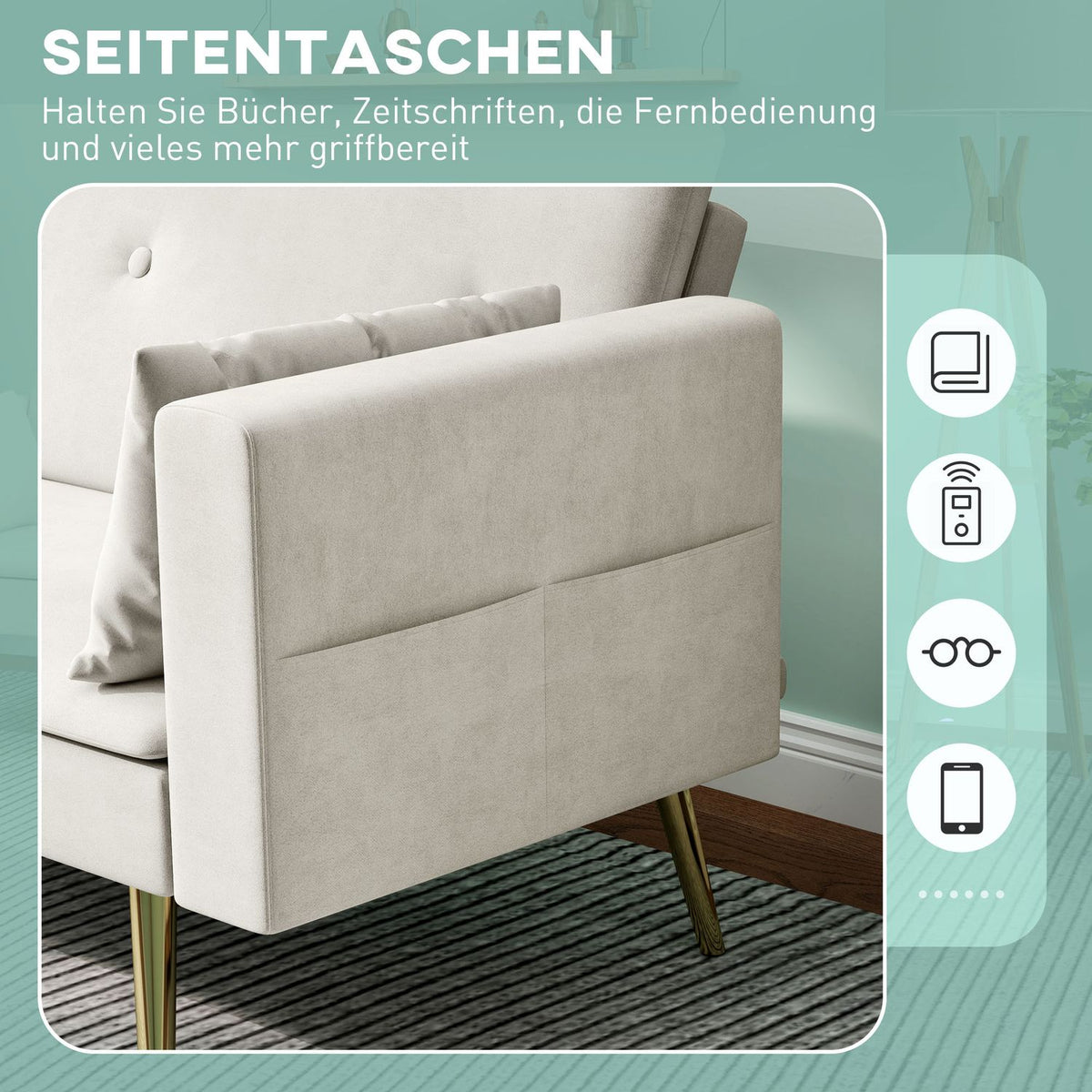 Sofa bed, sofa bed with adjustable backrest, side pocket, padded 2-seater sofa with sleeping function, cushions, for living room, bedroom, beige