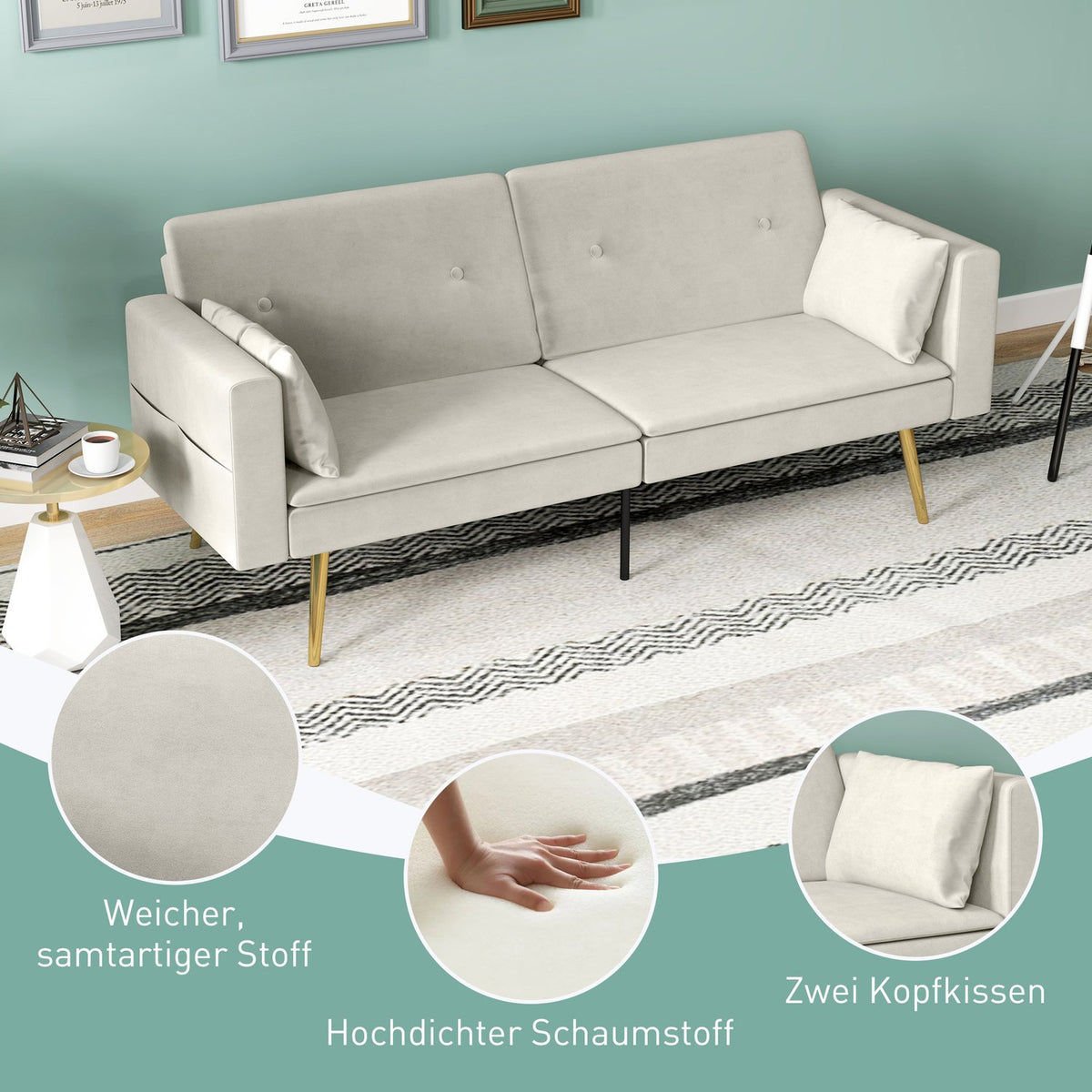 Sofa bed, sofa bed with adjustable backrest, side pocket, padded 2-seater sofa with sleeping function, cushions, for living room, bedroom, beige
