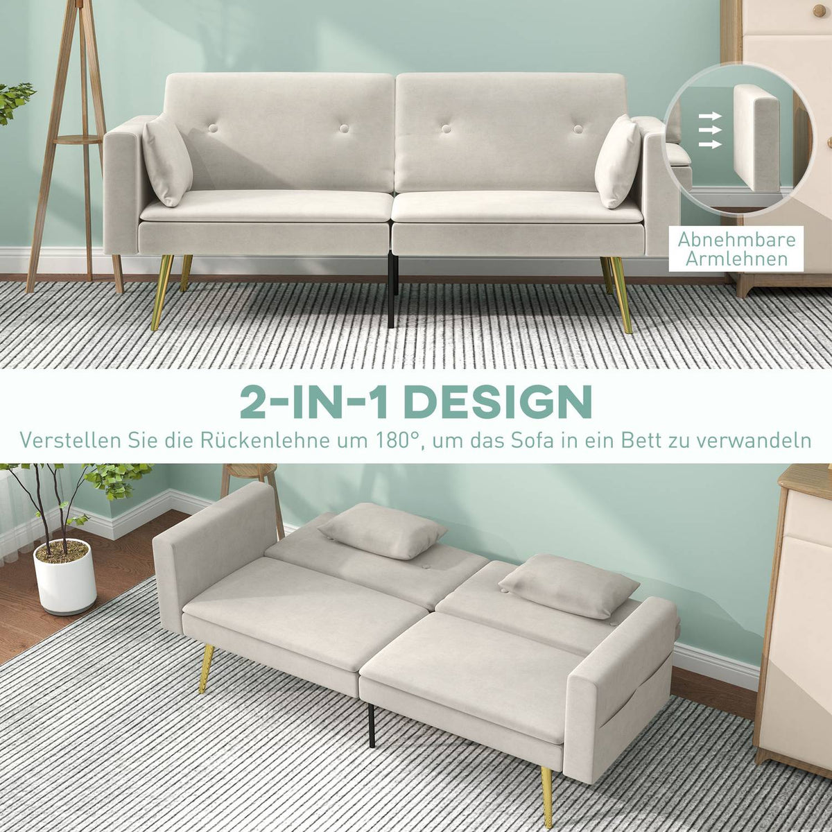 Sofa bed, sofa bed with adjustable backrest, side pocket, padded 2-seater sofa with sleeping function, cushions, for living room, bedroom, beige