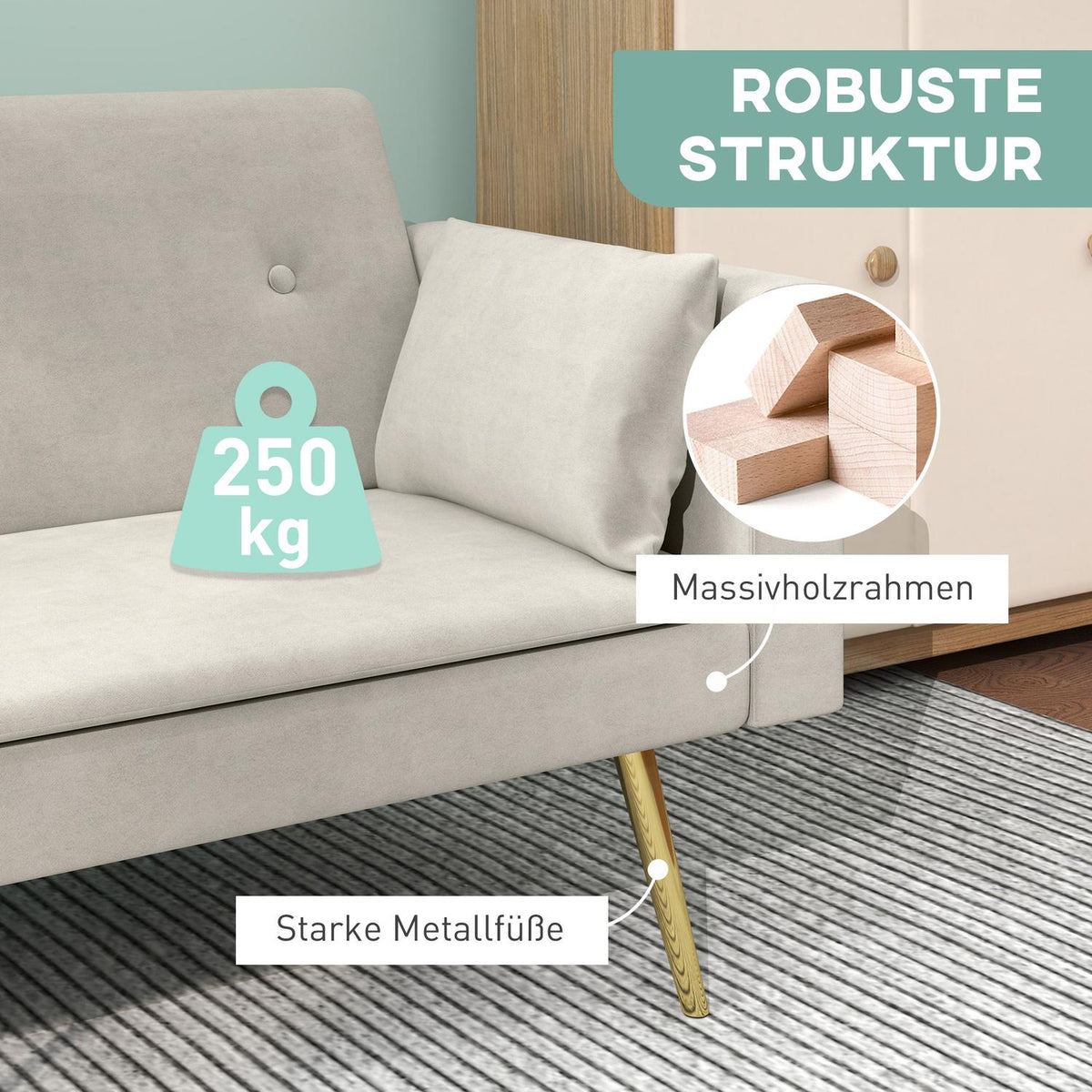 Sofa bed, sofa bed with adjustable backrest, side pocket, padded 2-seater sofa with sleeping function, cushions, for living room, bedroom, beige