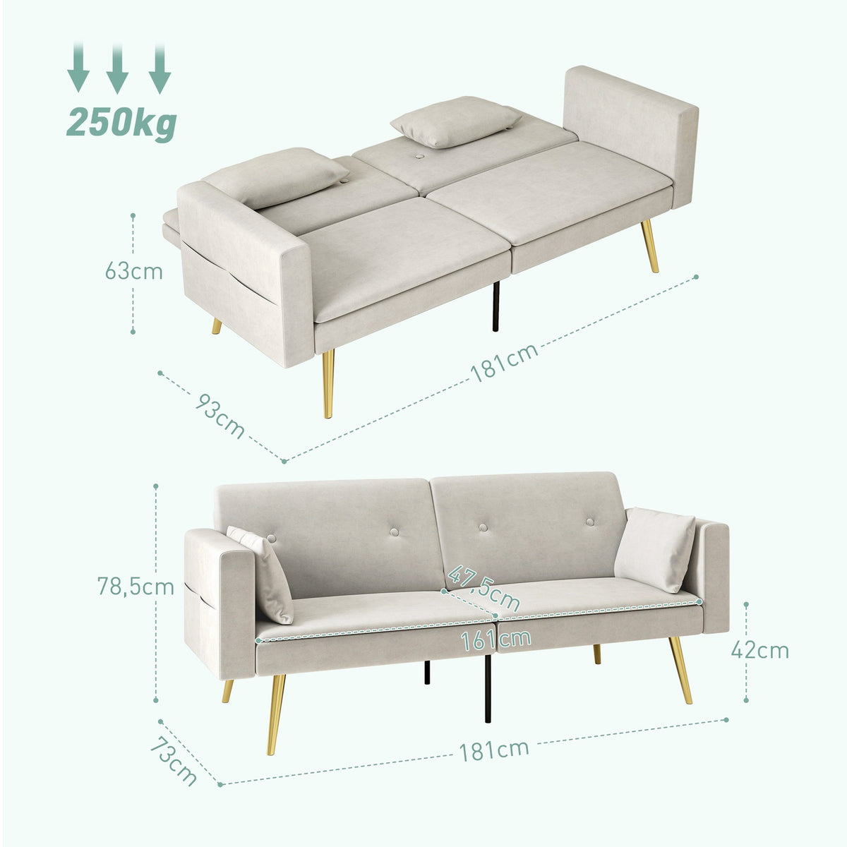 Sofa bed, sofa bed with adjustable backrest, side pocket, padded 2-seater sofa with sleeping function, cushions, for living room, bedroom, beige
