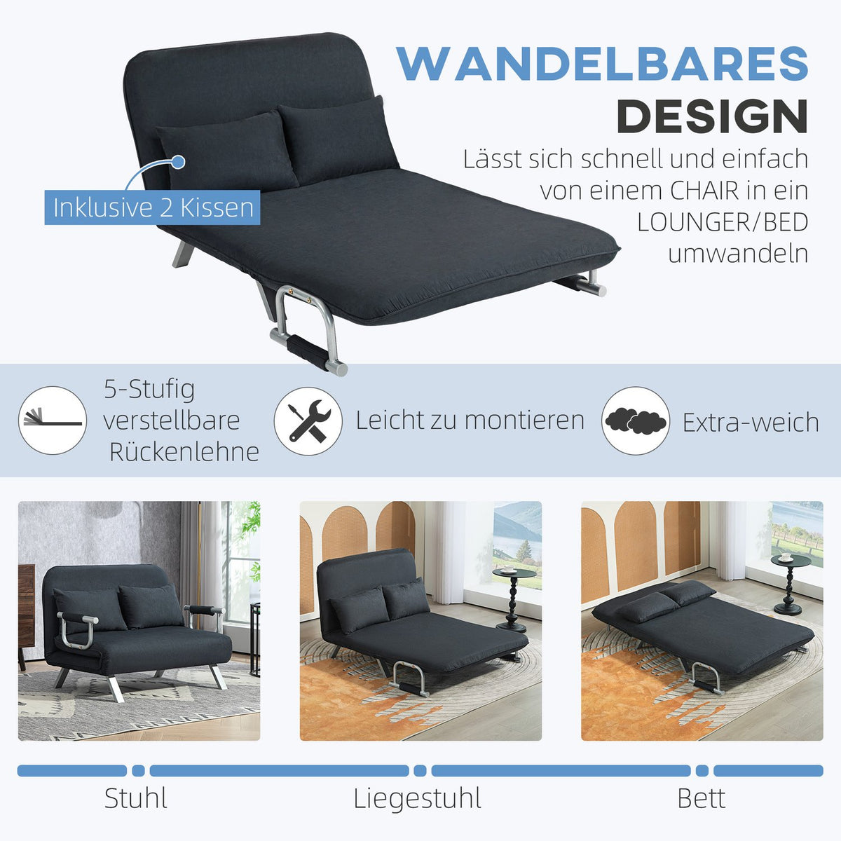 Sofa bed, sofa bed with adjustable backrest, throw pillow, 2-seater sofa with sleep function, velvet look, armrest, couch for living room, bedroom, black