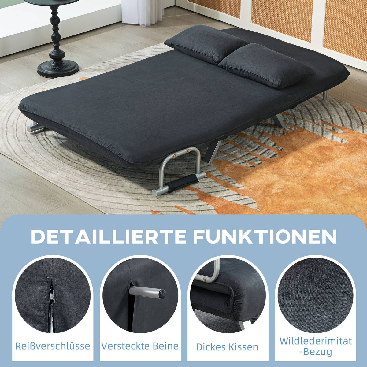 Sofa bed, sofa bed with adjustable backrest, throw pillow, 2-seater sofa with sleep function, velvet look, armrest, couch for living room, bedroom, black