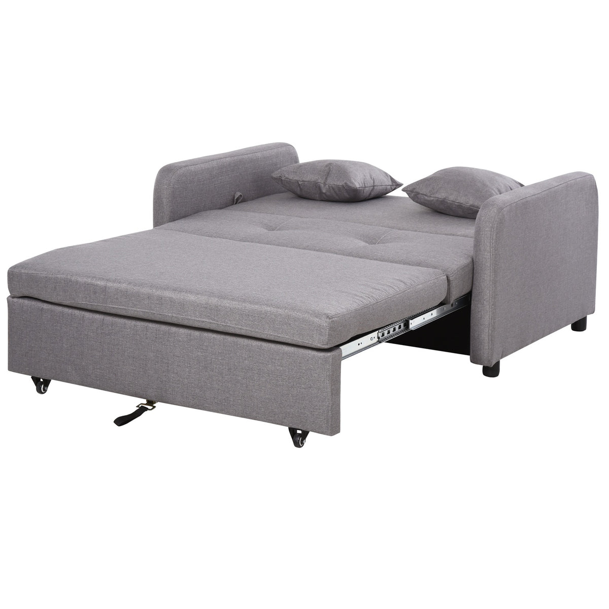 Sofa bed, sofa bed with storage space, throw pillows, armrest, 2-seater sofa with sleep function, linen look, upholstered couch with wheels for living room, bedroom, gray