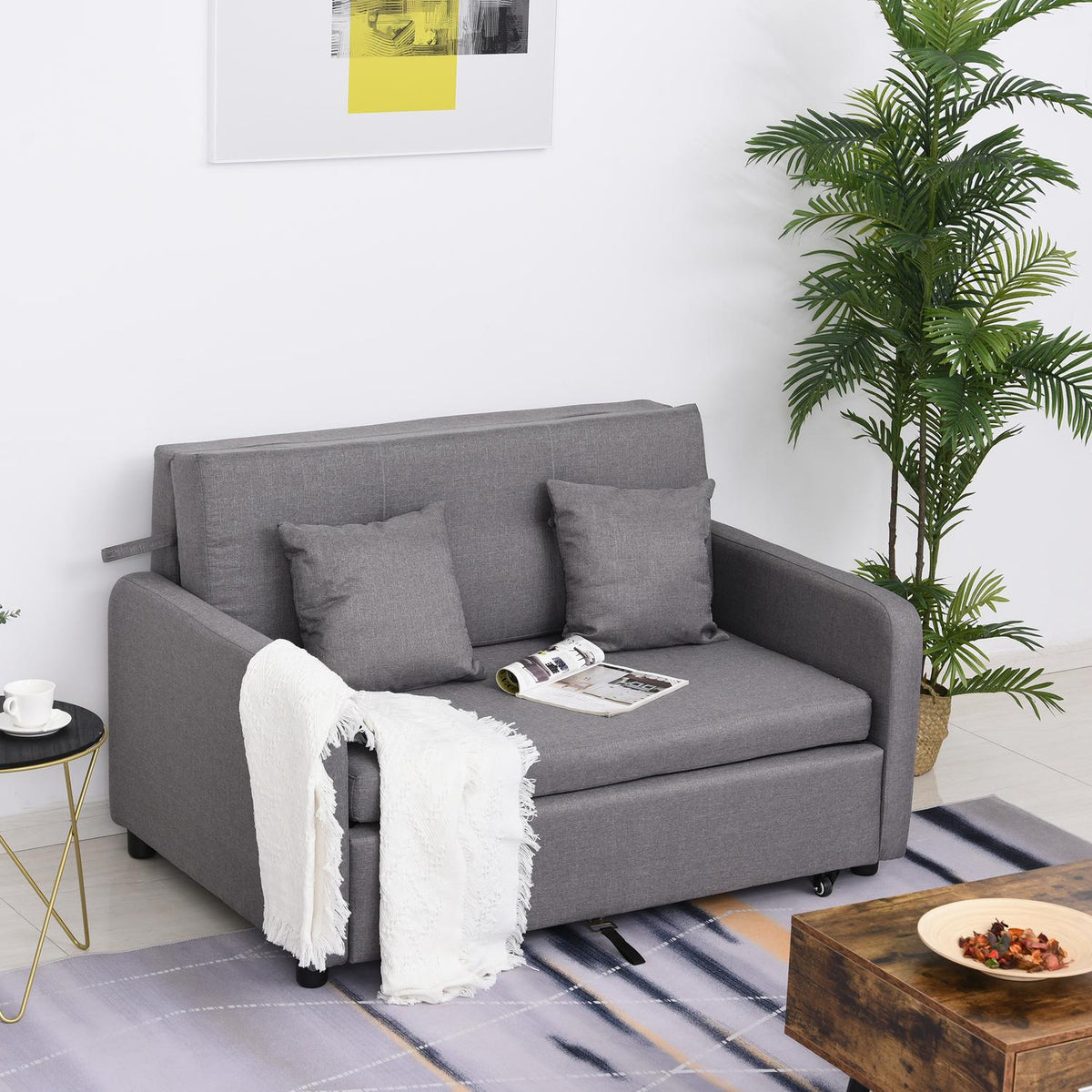 Sofa bed, sofa bed with storage space, throw pillows, armrest, 2-seater sofa with sleep function, linen look, upholstered couch with wheels for living room, bedroom, gray