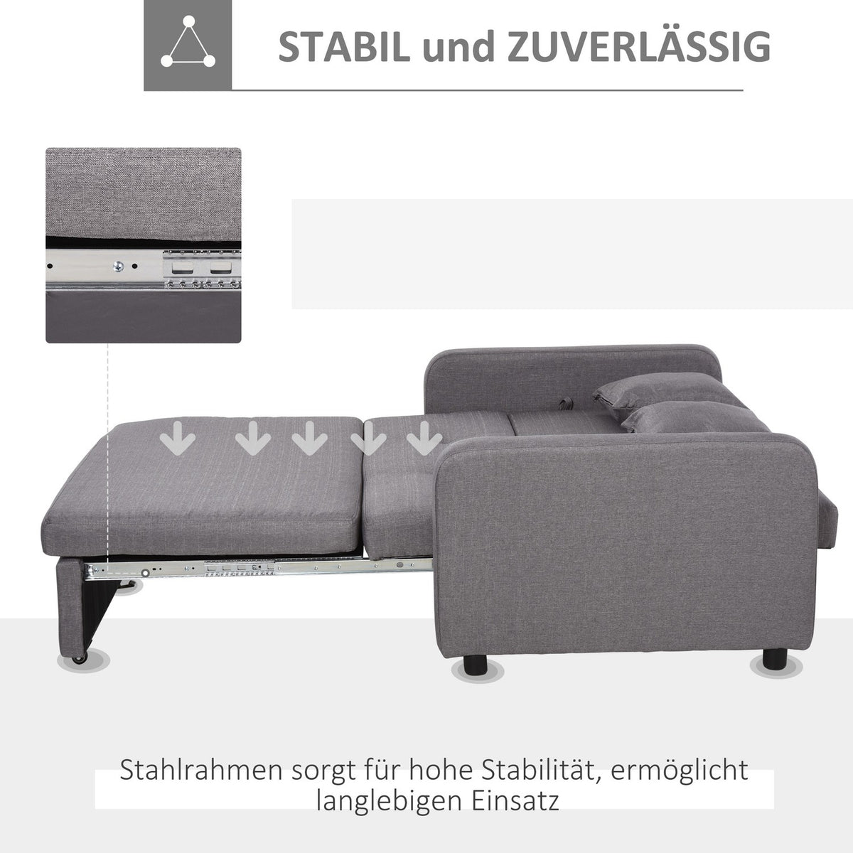 Sofa bed, sofa bed with storage space, throw pillows, armrest, 2-seater sofa with sleep function, linen look, upholstered couch with wheels for living room, bedroom, gray