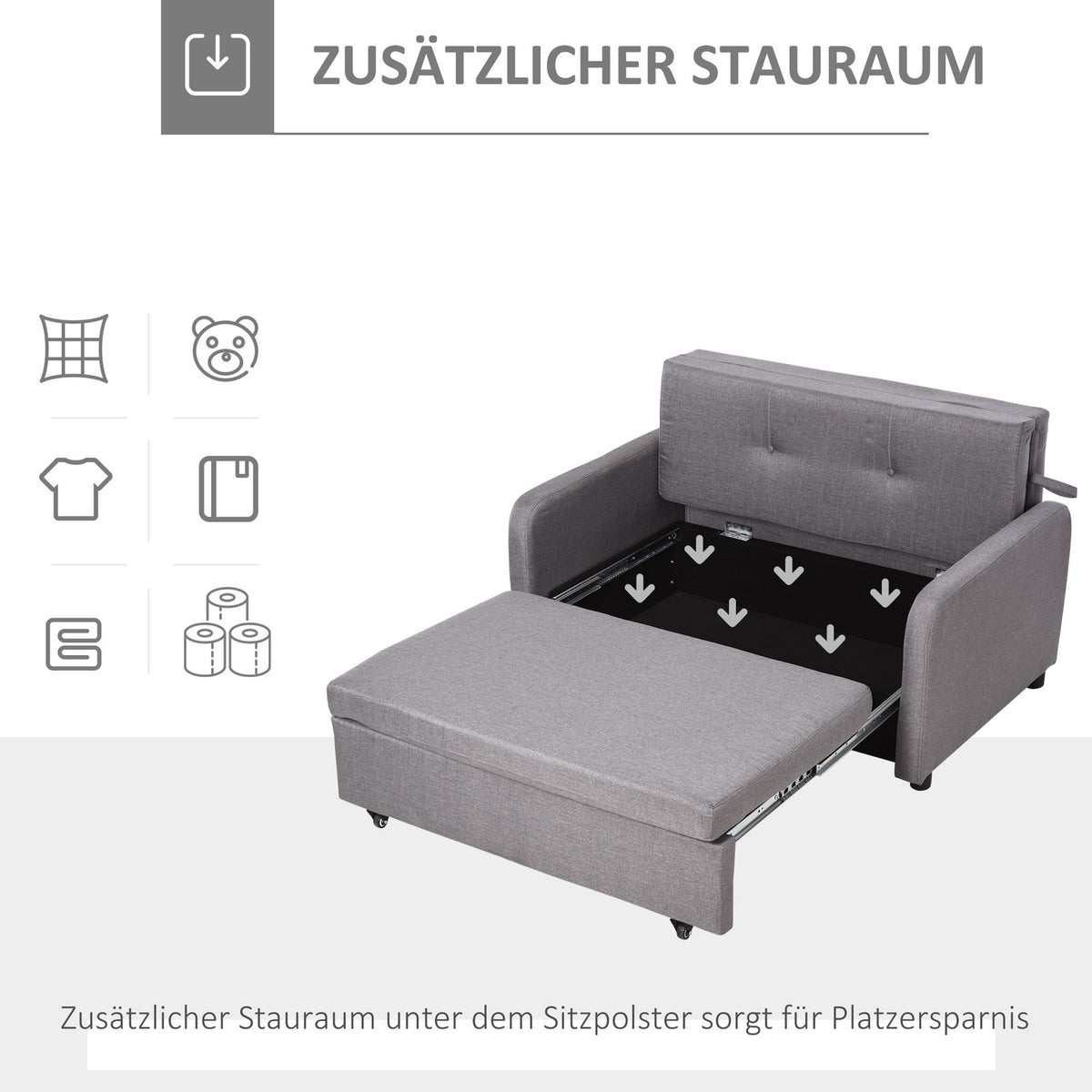 Sofa bed, sofa bed with storage space, throw pillows, armrest, 2-seater sofa with sleep function, linen look, upholstered couch with wheels for living room, bedroom, gray