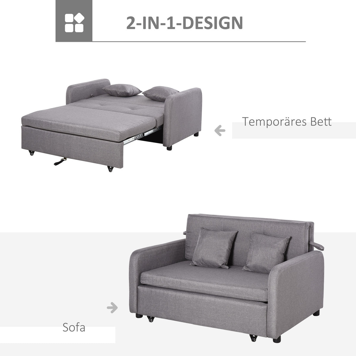 Sofa bed, sofa bed with storage space, throw pillows, armrest, 2-seater sofa with sleep function, linen look, upholstered couch with wheels for living room, bedroom, gray