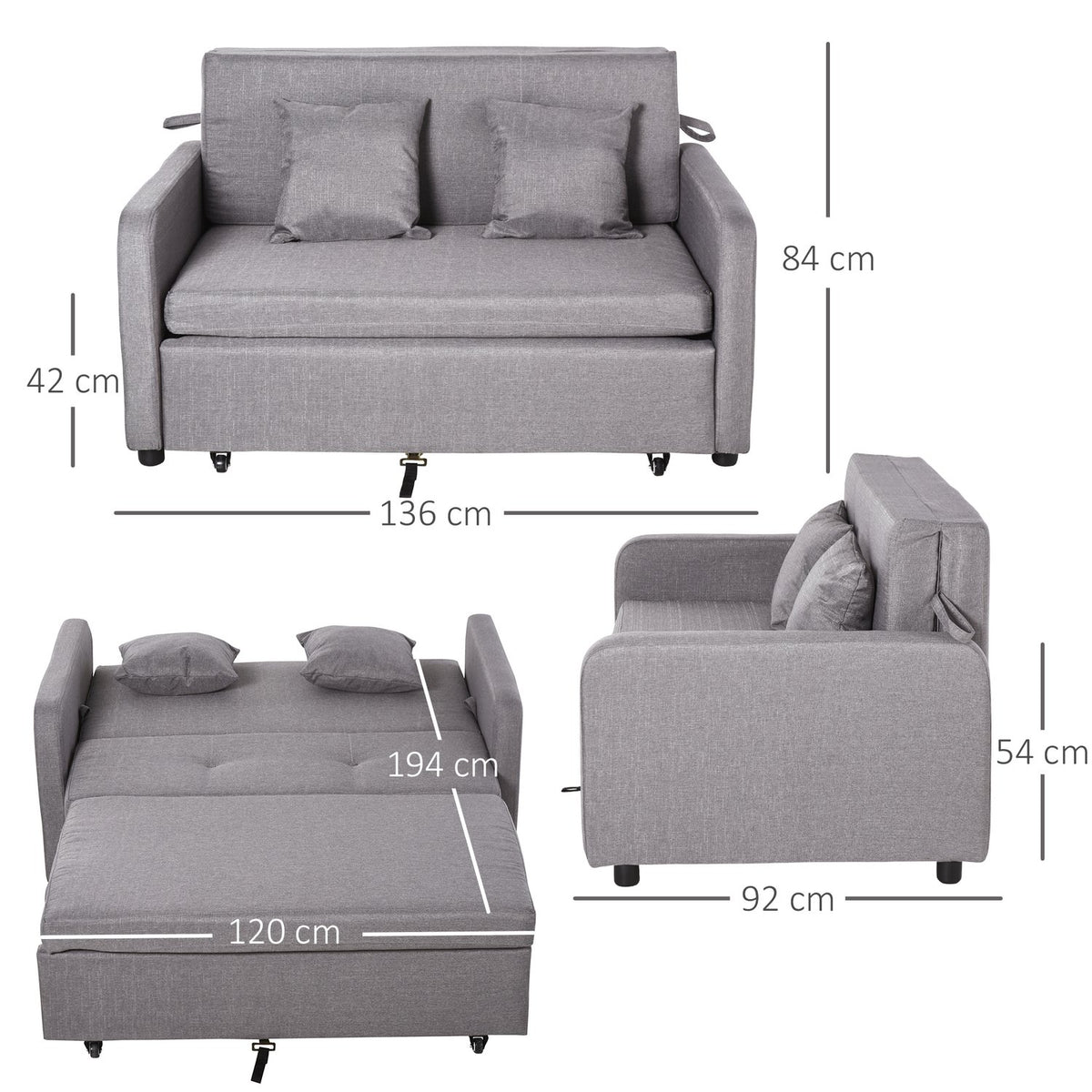 Sofa bed, sofa bed with storage space, throw pillows, armrest, 2-seater sofa with sleep function, linen look, upholstered couch with wheels for living room, bedroom, gray