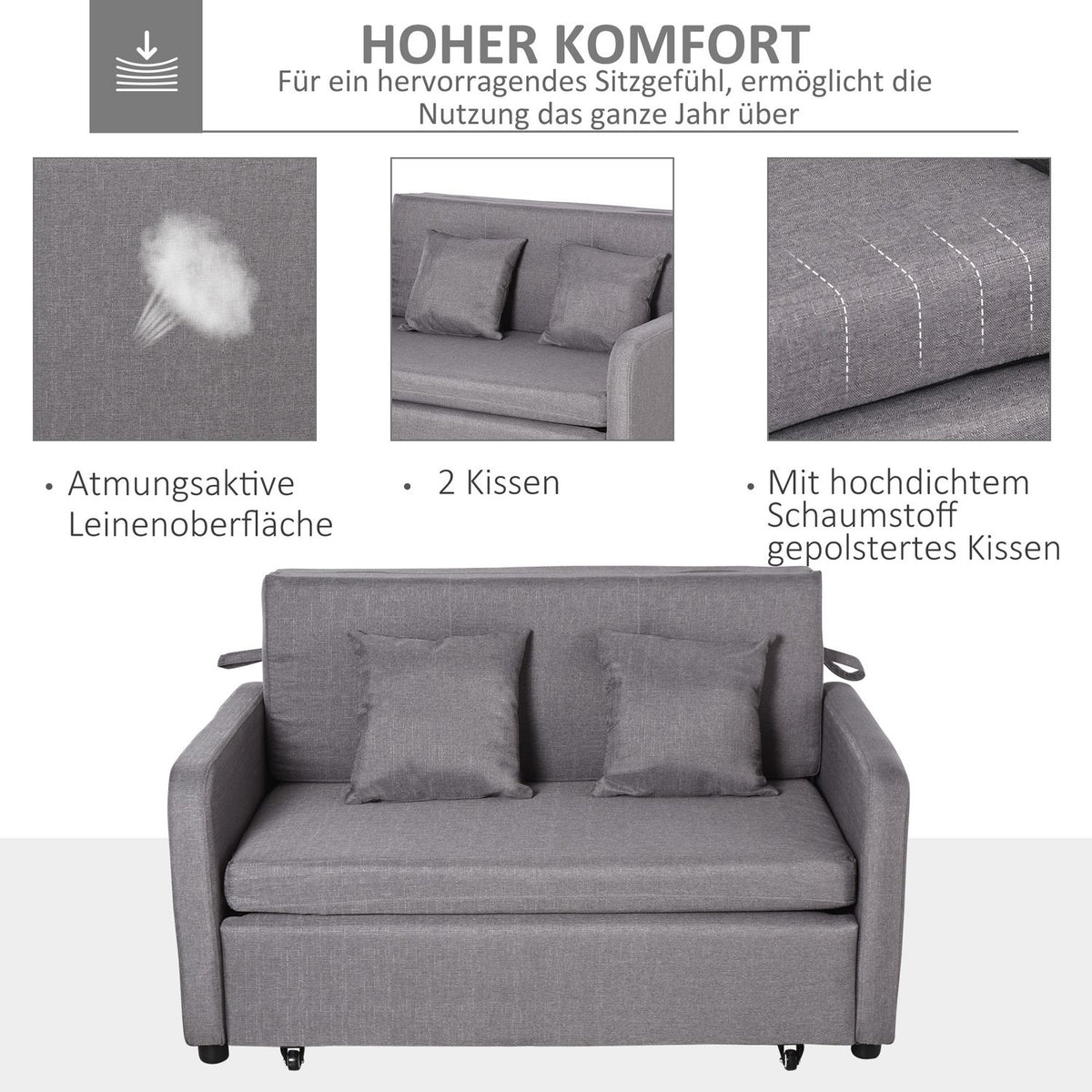 Sofa bed, sofa bed with storage space, throw pillows, armrest, 2-seater sofa with sleep function, linen look, upholstered couch with wheels for living room, bedroom, gray