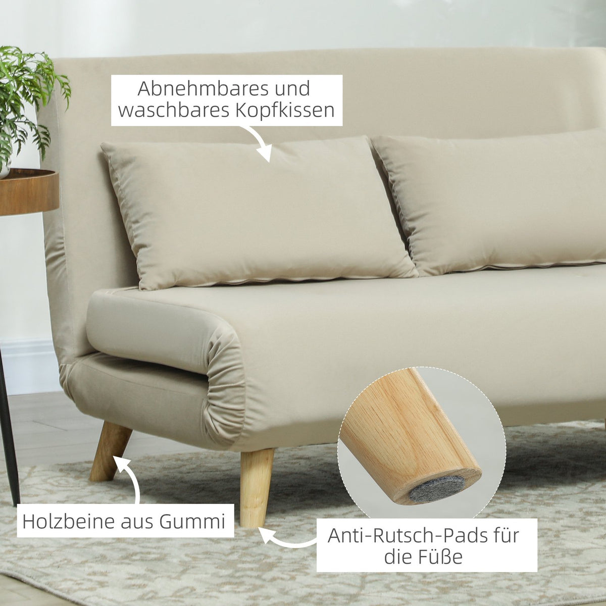 Sofa bed sofa with sleeping function 130 x 78 cm couch with lumbar cushion, velvet look, adjustable backrest for living room, bedroom, beige