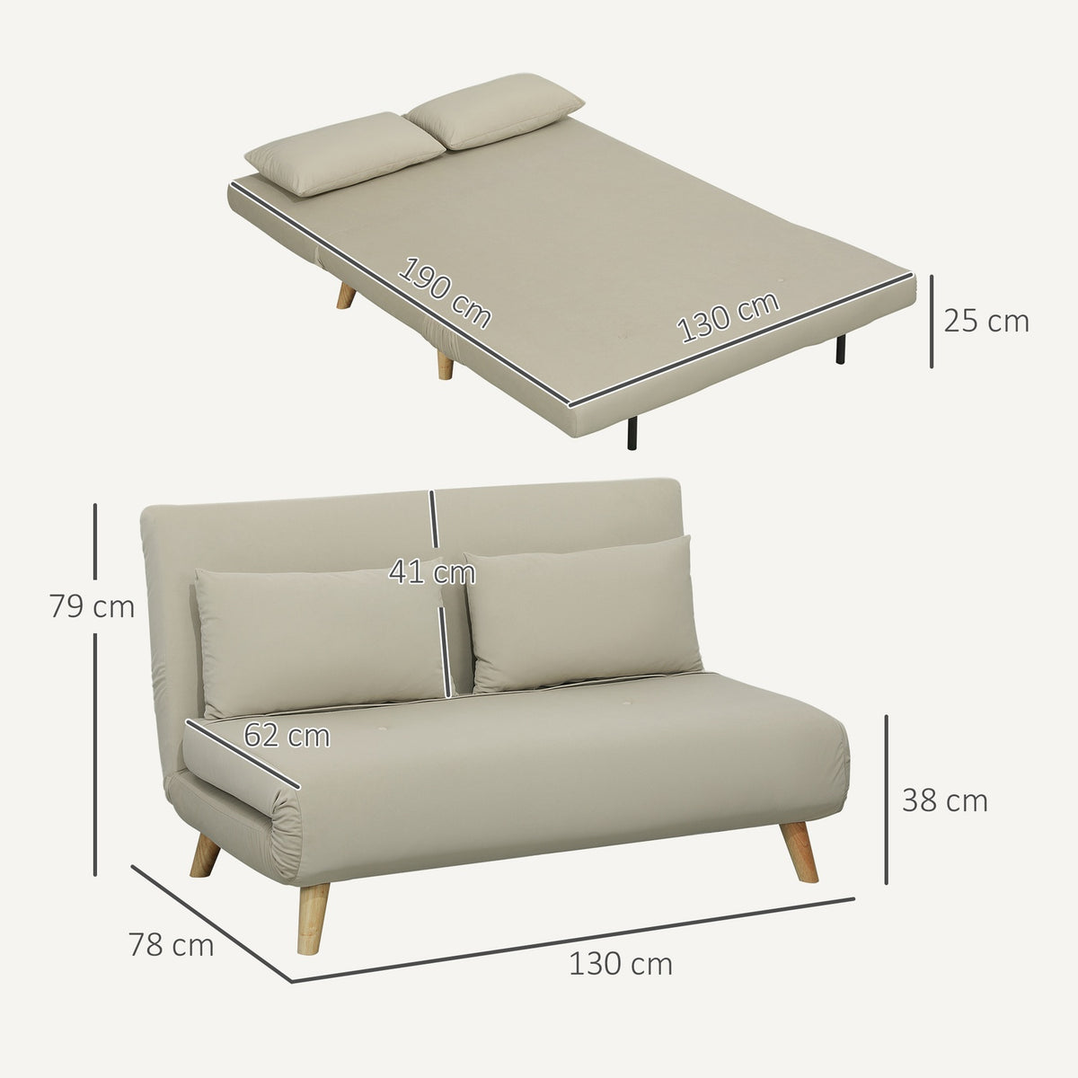 Sofa bed sofa with sleeping function 130 x 78 cm couch with lumbar cushion, velvet look, adjustable backrest for living room, bedroom, beige