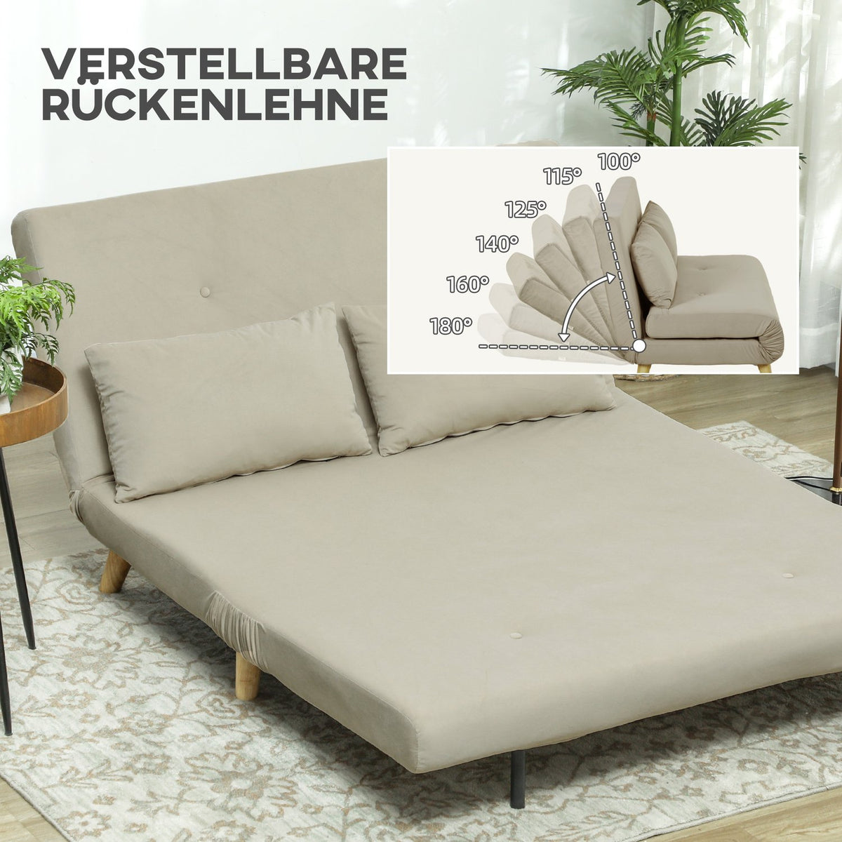 Sofa bed sofa with sleeping function 130 x 78 cm couch with lumbar cushion, velvet look, adjustable backrest for living room, bedroom, beige