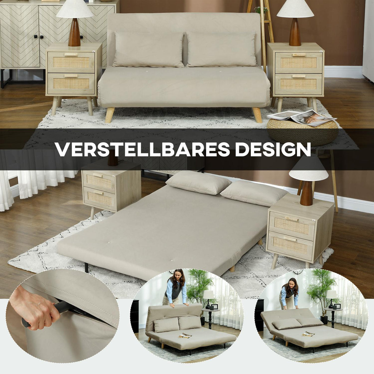 Sofa bed sofa with sleeping function 130 x 78 cm couch with lumbar cushion, velvet look, adjustable backrest for living room, bedroom, beige
